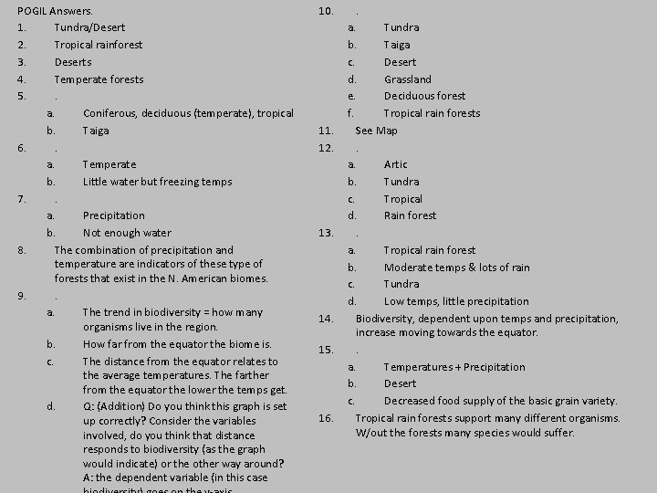 POGIL Answers. 1. Tundra/Desert 2. Tropical rainforest 3. Deserts 4. Temperate forests 5. .