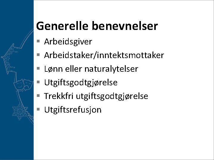 Generelle benevnelser § § § Arbeidsgiver Arbeidstaker/inntektsmottaker Lønn eller naturalytelser Utgiftsgodtgjørelse Trekkfri utgiftsgodtgjørelse Utgiftsrefusjon
