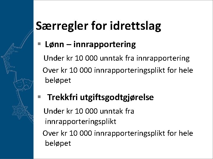Særregler for idrettslag § Lønn – innrapportering Under kr 10 000 unntak fra innrapportering