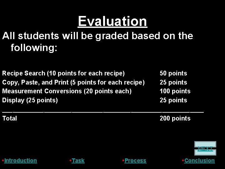 Evaluation All students will be graded based on the following: Recipe Search (10 points