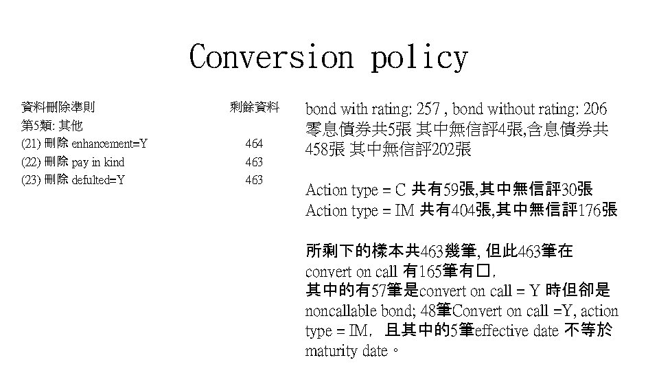 Conversion policy 資料刪除準則 第 5類: 其他 (21) 刪除 enhancement=Y (22) 刪除 pay in kind