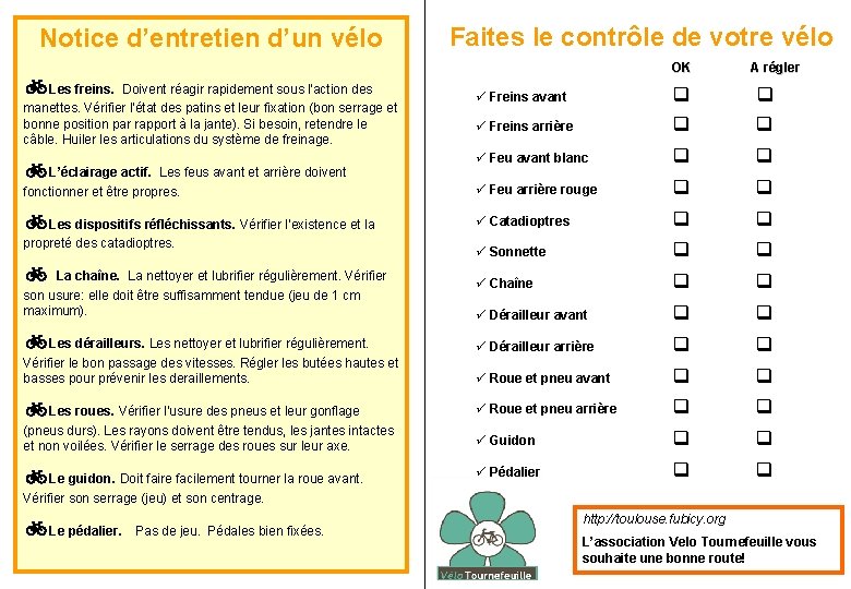 Notice d’entretien d’un vélo Les freins. Doivent réagir rapidement sous l’action des Faites le