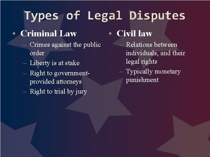 Types of Legal Disputes • Criminal Law – Crimes against the public order –