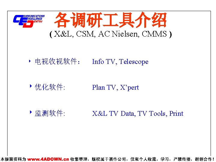 各调研 具介绍 ( X&L, CSM, AC Nielsen, CMMS ) 电视收视软件： Info TV, Telescope 优化软件: