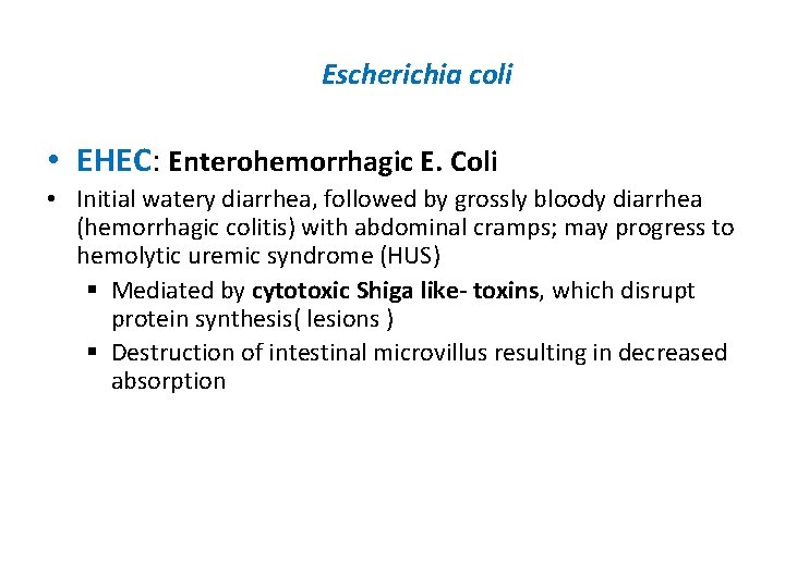 Escherichia coli • EHEC: Enterohemorrhagic E. Coli • Initial watery diarrhea, followed by grossly