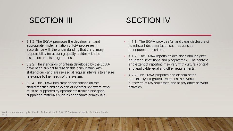 SECTION III SECTION IV • 3. 1. 2. The EQAA promotes the development and