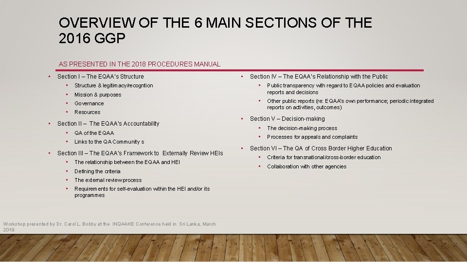 OVERVIEW OF THE 6 MAIN SECTIONS OF THE 2016 GGP AS PRESENTED IN THE