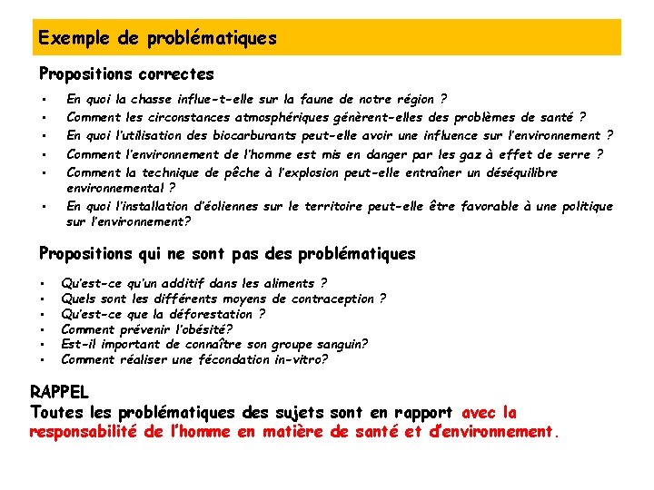 Exemple de problématiques Propositions correctes • • • En quoi la chasse influe-t-elle sur