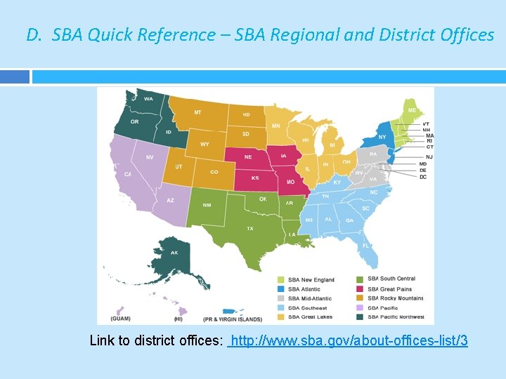 D. SBA Quick Reference – SBA Regional and District Offices Link to district offices:
