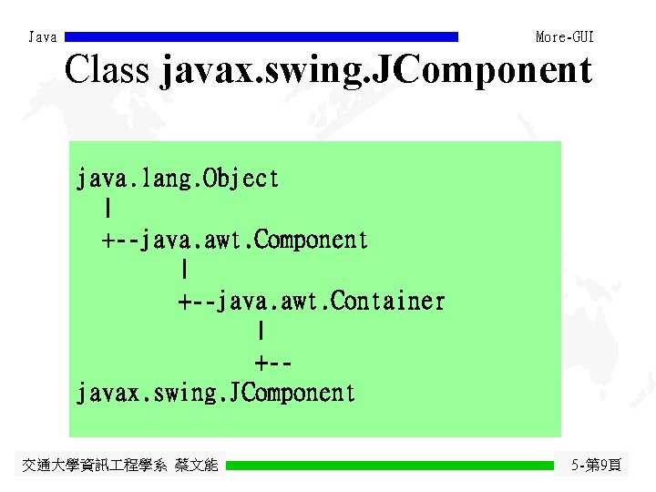 Java More-GUI Class javax. swing. JComponent java. lang. Object | +--java. awt. Component |
