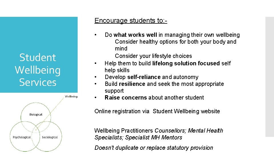 Encourage students to: • Student Wellbeing Services • • Do what works well in