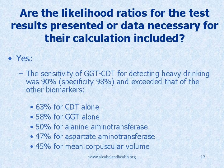Are the likelihood ratios for the test results presented or data necessary for their