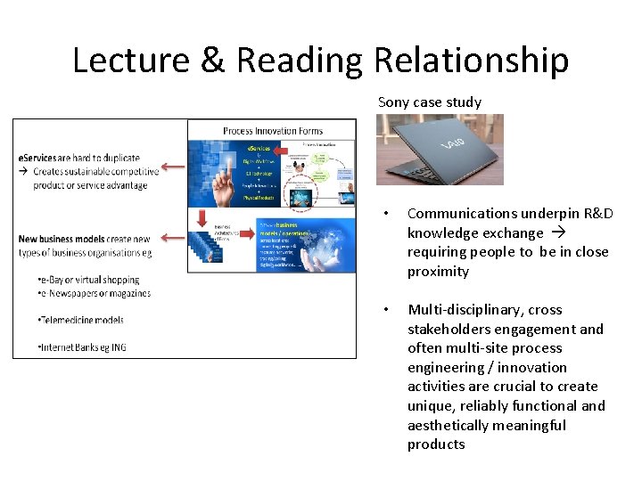 Lecture & Reading Relationship Sony case study • Communications underpin R&D knowledge exchange requiring