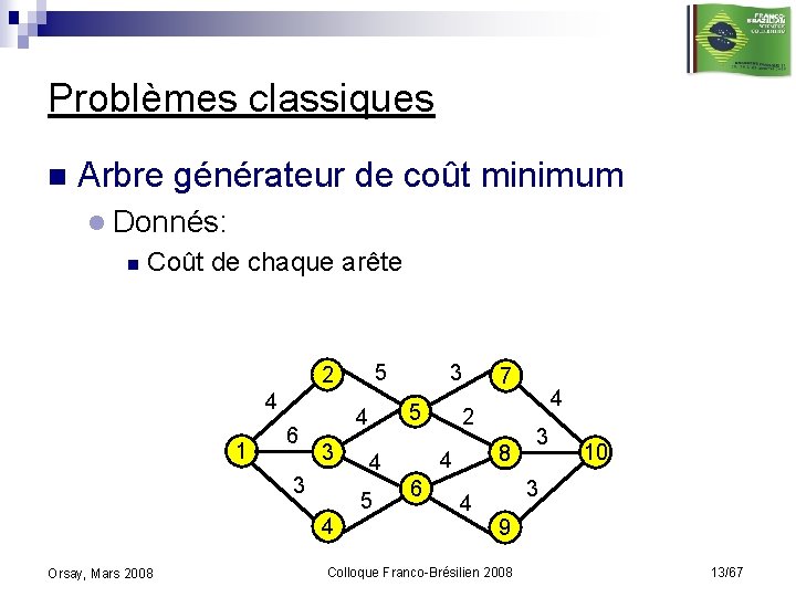 Problèmes classiques n Arbre générateur de coût minimum l Donnés: n Coût de chaque