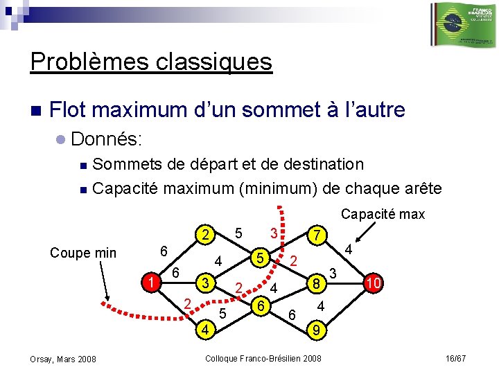 Problèmes classiques n Flot maximum d’un sommet à l’autre l Donnés: Sommets de départ