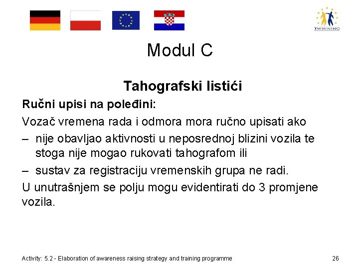 Modul C Tahografski listići Ručni upisi na poleđini: Vozač vremena rada i odmora ručno