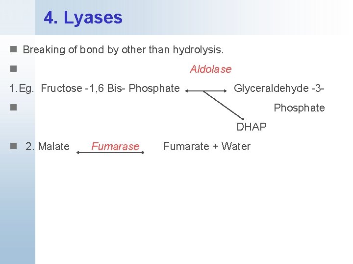 4. Lyases n Breaking of bond by other than hydrolysis. n Aldolase 1. Eg.