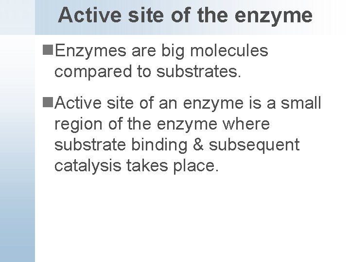 Active site of the enzyme n. Enzymes are big molecules compared to substrates. n.