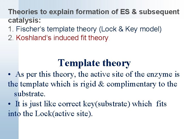 Theories to explain formation of ES & subsequent catalysis: 1. Fischer’s template theory (Lock