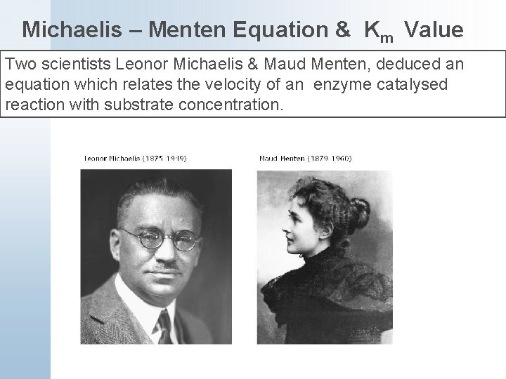Michaelis – Menten Equation & Km Value Two scientists Leonor Michaelis & Maud Menten,