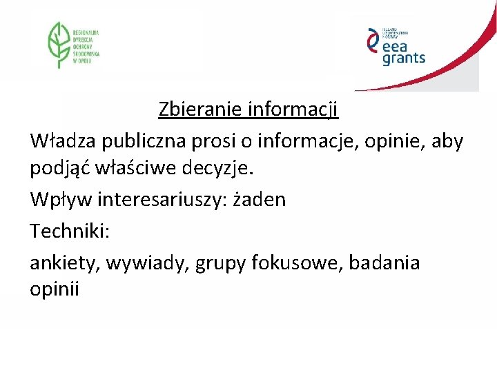 Zbieranie informacji Władza publiczna prosi o informacje, opinie, aby podjąć właściwe decyzje. Wpływ interesariuszy: