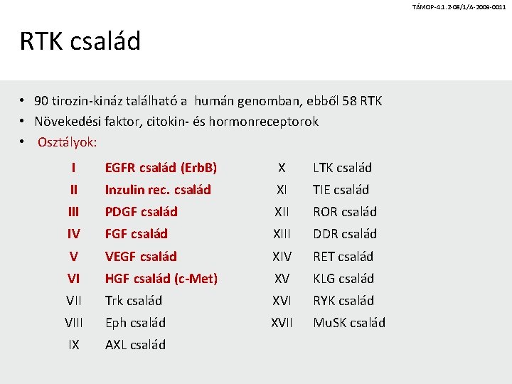 TÁMOP-4. 1. 2 -08/1/A-2009 -0011 RTK család • 90 tirozin-kináz található a humán genomban,