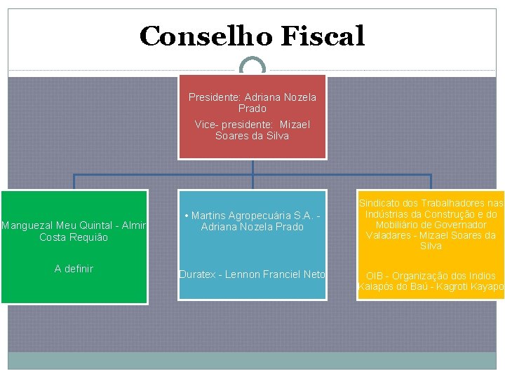 Conselho Fiscal Presidente: Adriana Nozela Prado Vice- presidente: Mizael Soares da Silva Manguezal Meu