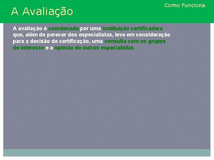 A Avaliação Como Funciona A avaliação é coordenada por uma instituição certificadora que, além