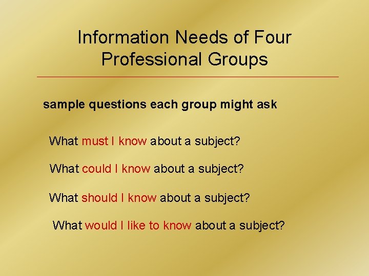 Information Needs of Four Professional Groups sample questions each group might ask What must