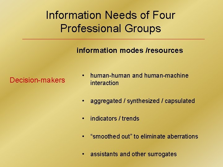 Information Needs of Four Professional Groups information modes /resources Decision-makers • human-human and human-machine