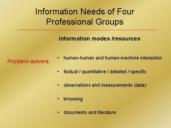 Information Needs of Four Professional Groups information modes /resources Problem-solvers • human-human and human-machine