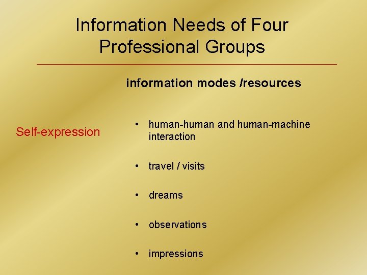 Information Needs of Four Professional Groups information modes /resources Self-expression • human-human and human-machine