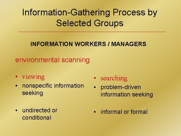 Information-Gathering Process by Selected Groups INFORMATION WORKERS / MANAGERS environmental scanning • viewing •