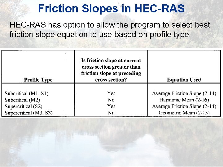 Friction Slopes in HEC-RAS has option to allow the program to select best friction