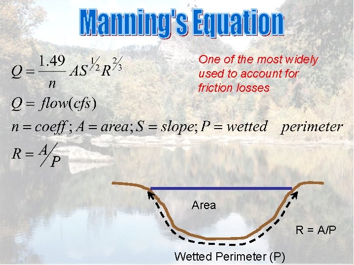 One of the most widely used to account for friction losses Area R =