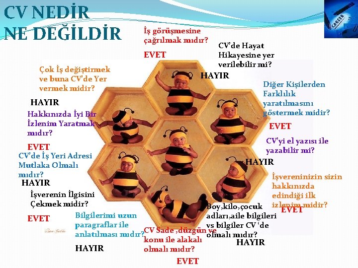 CV NEDİR NE DEĞİLDİR İş görüşmesine çağrılmak mıdır? EVET Çok İş değiştirmek ve buna