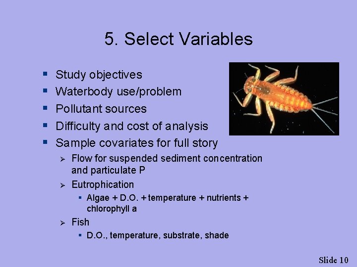 5. Select Variables § § § Study objectives Waterbody use/problem Pollutant sources Difficulty and