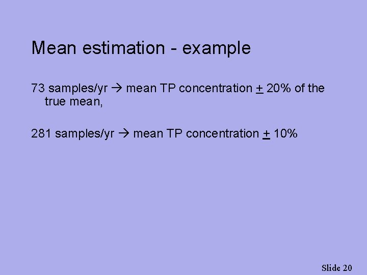 Mean estimation - example 73 samples/yr mean TP concentration + 20% of the true