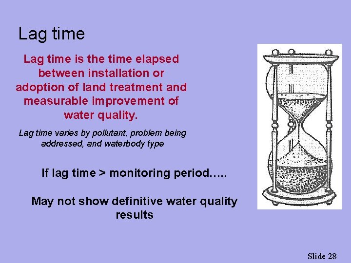Lag time is the time elapsed between installation or adoption of land treatment and