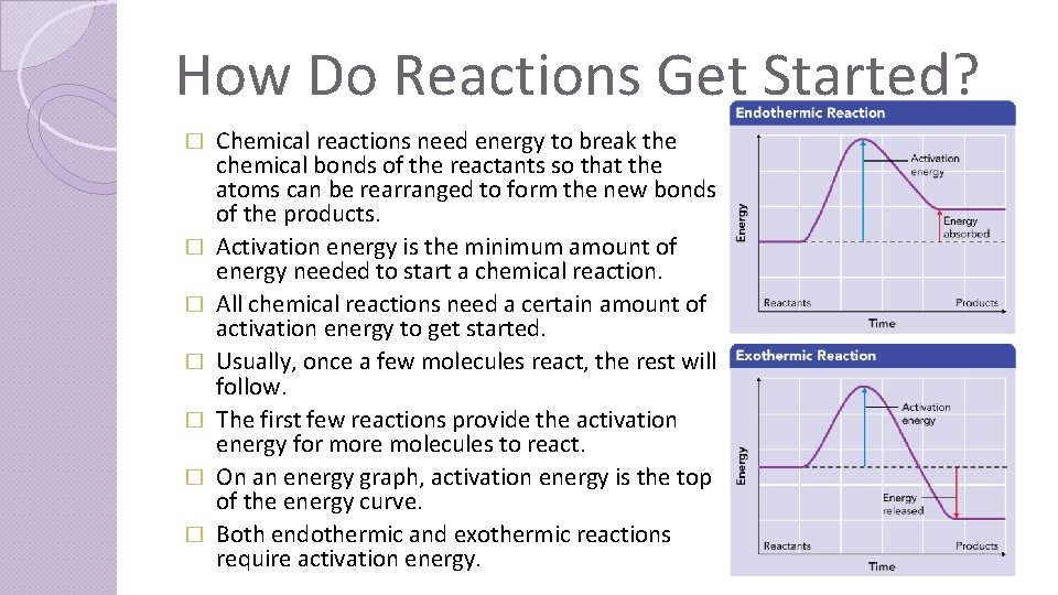 How Do Reactions Get Started? � � � � Chemical reactions need energy to