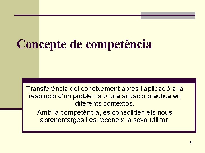 Concepte de competència Transferència del coneixement après i aplicació a la resolució d’un problema