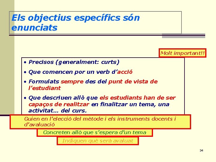 Els objectius específics són enunciats Molt important!! • Precisos (generalment: curts) • Que comencen