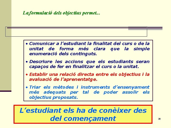 La formulació dels objectius permet. . . • Comunicar a l’estudiant la finalitat del