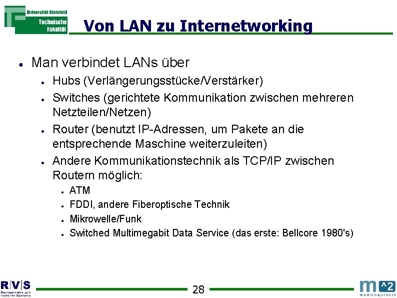 Von LAN zu Internetworking ● Man verbindet LANs über ● ● Hubs (Verlängerungsstücke/Verstärker) Switches