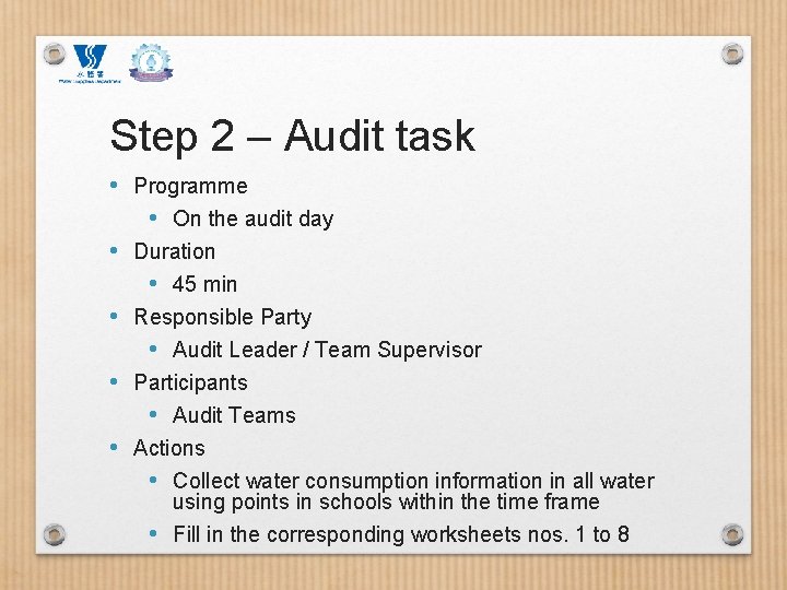 Step 2 – Audit task • Programme • On the audit day • Duration