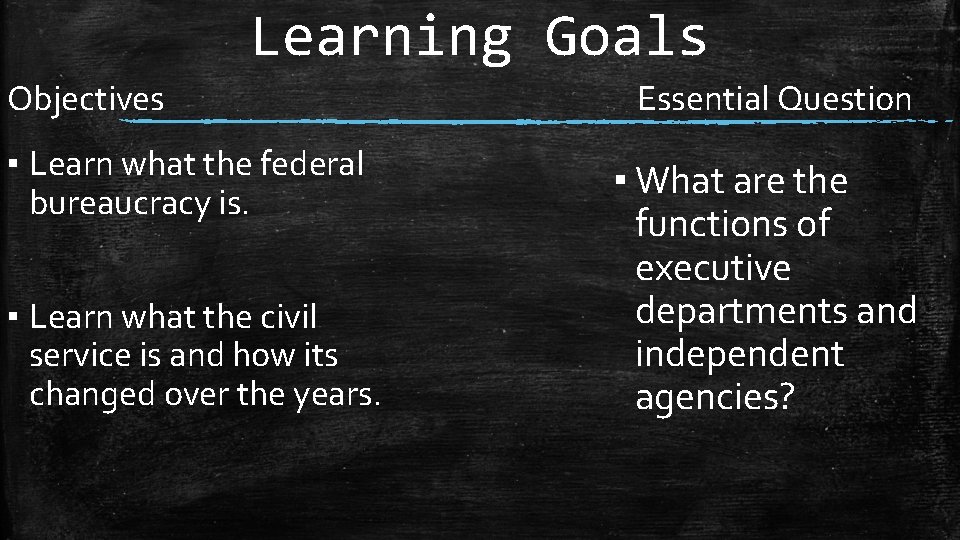 Learning Goals Objectives ▪ Learn what the federal bureaucracy is. ▪ Learn what the