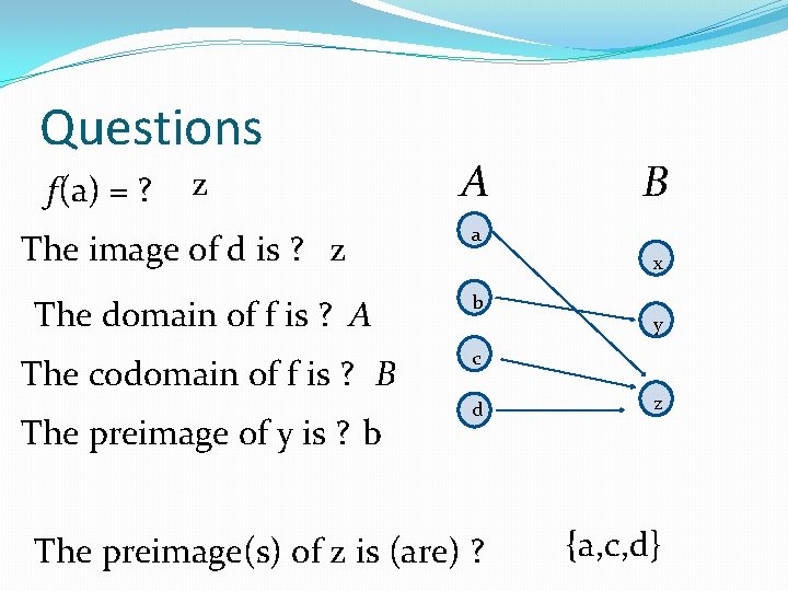 Questions f(a) = ? z The image of d is ? z A B