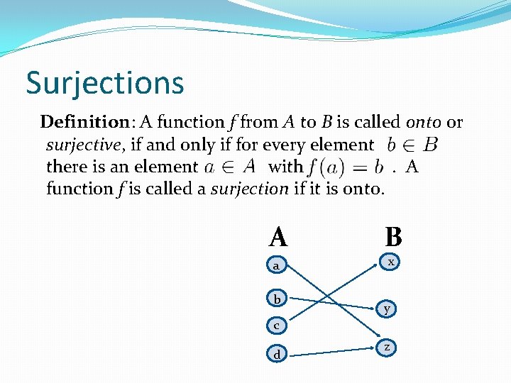 Surjections Definition: A function f from A to B is called onto or surjective,
