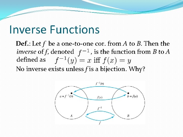 Inverse Functions Def. : Let f be a one-to-one cor. from A to B.