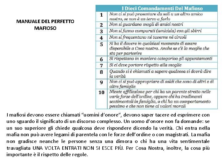 MANUALE DEL PERFETTO MAFIOSO I mafiosi devono essere chiamati ʺuomini d’onoreʺ, devono saper tacere